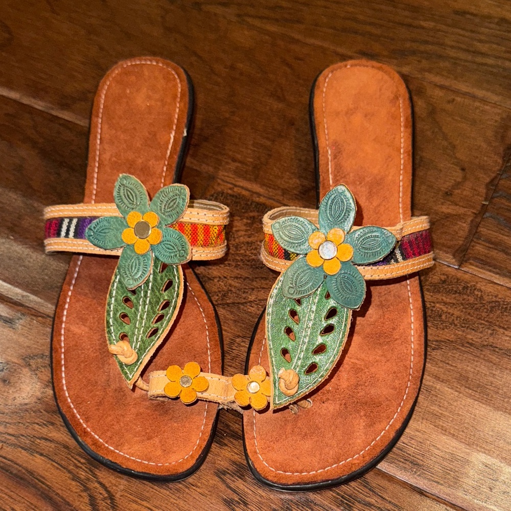 Floral Embellished Sandals - Brown & Green women’s shoe - size 39